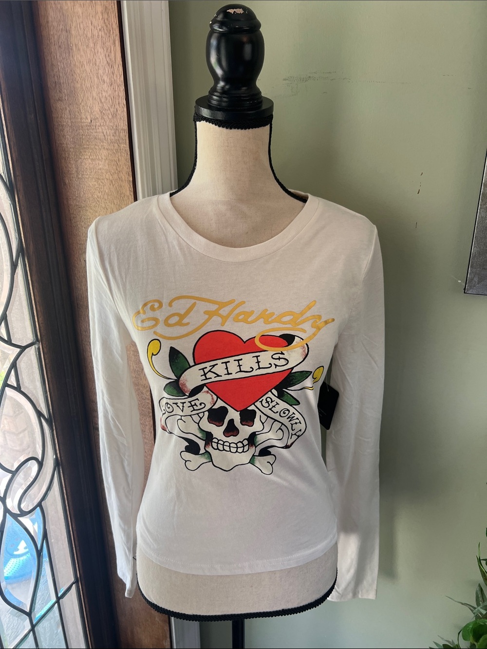 Ed Hardy Cream Long Sleeve Graphic Tee with Heart & Skull